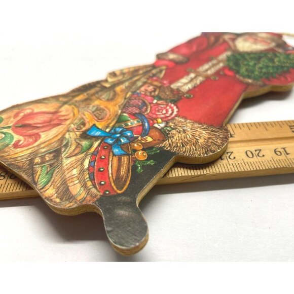 Vintage Victorian Santa Christmas Tree Ornament Wooden Flat Holiday Decoration - Picture 4 of 6